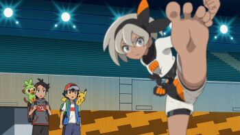 1girl abs animated animated_gif barefoot bea_(pokemon) bodysuit bodysuit_under_clothes bow clenched_hands compilation dark-skinned_female dark_skin determined dojo feet feet_up female_focus fighting_stance foot_focus grey_eyes gym_leader kicking legs looking_at_viewer medium_hair nintendo pokemon pokemon_(anime) pokemon_journeys pokemon_swsh silver_hair soles standing standing_on_one_leg talking toes tomboy