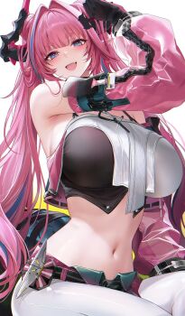 1girl :d absurdres alternate_breast_size_(larger) arknights arknights:_endfield arm_up bare_shoulders black_horns blue_eyes breasts commentary cone_hair_bun crop_top cropped_jacket detached_sleeves double_bun hair_bun hair_intakes highres horns huge_breasts jacket long_hair looking_at_viewer multicolored_hair navel open_mouth pants pink_hair pink_jacket pointy_ears re0n sidelocks simple_background smile solo stomach streaked_hair tail thick_eyebrows very_long_hair white_background white_pants yvonne_(arknights)