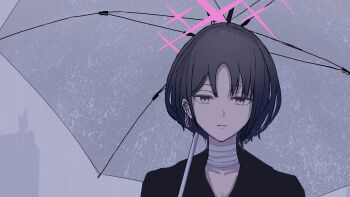 1girl aka_afl_o bandaged_neck bandages black_hair black_shirt blue_archive commentary_request ear_piercing expressionless halo highres looking_at_viewer misaki_(blue_archive) parted_lips piercing portrait purple_eyes purple_halo shirt short_hair solo star_halo straight-on umbrella umbrella_over_shoulder