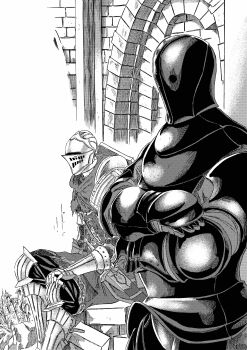 2boys 913kousatu absurdres anri_of_astora armor black_armor breastplate brick_wall commentary_request dark_souls_(series) dark_souls_iii feet_out_of_frame full_armor gauntlets grass greyscale highres horace_the_hushed knight male_focus monochrome multiple_boys pauldrons shoulder_armor sitting standing tunic