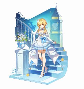 1girl adapted_costume bare_shoulders blonde_hair blush breasts bridal_gauntlets cleavage clock clock_tower closed_mouth commentary detached_sleeves dress flower full_body genshin_impact hair_flower hair_ornament hand_up high_heels highres looking_at_viewer lumine_(genshin_impact) medium_breasts pine_(angel4195202) railing short_hair_with_long_locks sleeveless sleeveless_dress smile solo stairs tower white_background white_bridal_gauntlets white_dress white_flower white_footwear white_sleeves yellow_flower