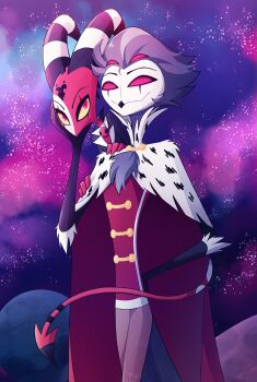 2boys black_skin blitzo_(helluva_boss) cape cheer_(cheerpuppy14) closed_mouth colored_sclera colored_skin cowboy_shot heart heart_print hellaverse helluva_boss highres horns multicolored_hair multiple_boys no_pupils pants pink_eyes red_cape red_sclera red_shirt red_skin shirt short_hair sky smile star_(sky) starry_sky stolas_(helluva_boss) striped_horns two-tone_hair white_cape white_skin yellow_sclera