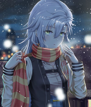 1girl breasts city_lights coat commentary_request curtained_hair eiyuu_densetsu fie_claussell green_eyes hair_between_eyes highres long_hair looking_at_viewer open_mouth parted_bangs scarf sen_no_kiseki_(series) simple_background small_breasts snowing white_hair winter winter_clothes winter_coat witch_f