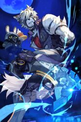 Rule 34 | 2boys, animal ears, armored boots, arms behind back, bangboo (zenless zone zero), black vest, body fur, boots, electricity, full moon, furry, furry male, highres, hungry clicker, moon, multiple boys, shirt, short sleeves, tail, vest, von lycaon, white fur, white hair, white shirt, wolf boy, wolf ears, wolf tail, zenless zone zero