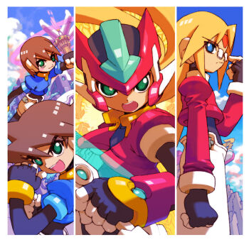 1girl 2boys aile_(mega_man_zx) armor blonde_hair blue_eyes blue_jacket border brown_hair cropped_jacket energy_sword girouette_(mega_man) glasses green_eyes helmet holding holding_sword holding_weapon jacket long_hair mega_man_(series) mega_man_zx model_zx_(mega_man) multiple_boys nakayama_tooru official_art open_clothes open_jacket pants power_armor red_armor red_helmet red_jacket second-party_source semi-rimless_eyewear short_hair shorts sword under-rim_eyewear vent_(mega_man) weapon white_border white_pants white_shorts