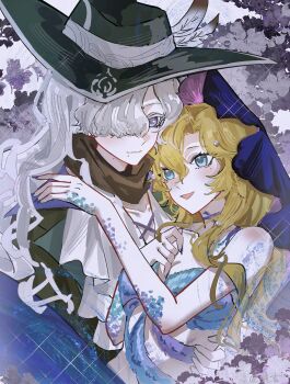 Rule 34 | 2girls, :d, absurdres, bare shoulders, black hat, blonde hair, blue eyes, blue skirt, blue tube top, blue veil, brown scarf, carrying, carrying person, fang, floral background, hair over one eye, hand on another's waist, hand up, hands up, hat, highres, jingshen kongji, long hair, looking at another, multiple girls, official alternate costume, one eye covered, open mouth, purple eyes, reverse:1999, scales, scarf, shirt, skirt, smile, strapless, tube top, upper body, veil, vila (reverse:1999), white hair, white shirt, windsong (reverse:1999), yuri