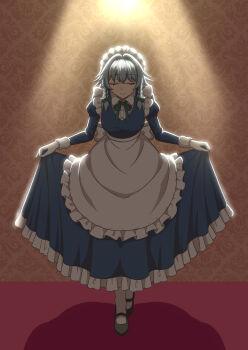 1girl absurdres apron back_bow black_shoes blue_dress bow bowtie braid closed_eyes closed_mouth commentary_request curtsey dress facing_viewer gloves green_bow green_bowtie grey_hair hair_bow highres izayoi_sakuya juliet_sleeves long_hair long_sleeves maid maid_headdress mary_janes piaoluo_de_ying_huaban puffy_sleeves shoes skirt_hold smile socks solo touhou twin_braids waist_apron white_bow white_gloves white_socks