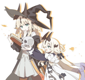 2girls :d absurdres aged_down arknights black_coat black_hat black_horns blonde_hair book coat dress drop_shadow ear_piercing green_eyes hair_over_one_eye hand_on_own_chin hat highres holding holding_book holding_skull horns isikishoku_akn long_hair long_sleeves multiple_girls necrass_(arknights) no_nose off_shoulder one_eye_covered open_book open_mouth parted_lips piercing pleated_skirt profile reed_(arknights) reed_the_flame_shadow_(arknights) shirt siblings simple_background sisters skirt skull smile sparkle white_background white_dress white_shirt white_skirt witch_hat