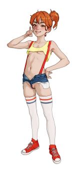 1girl absurdres artist_request cameltoe crop_top diathorn female_focus highres loli looking_at_viewer misty_(pokemon) nintendo peace_symbol pokemon pokemon_(anime) pokemon_(classic_anime) short_shorts shorts simple_background source_request suspenders thighhighs white_background