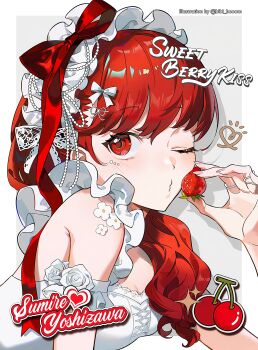 1girl absurdres bibi_booom blush border bow breasts character_name cherry cleavage commentary detached_sleeves dress english_commentary english_text flower food frilled_hairband frilled_sleeves frills fruit hairband heart highres holding holding_food holding_fruit jewel_under_eye jewelry lace lace-trimmed_dress lace_trim long_hair looking_at_viewer medium_breasts o3o one_eye_closed outside_border persona persona_5 persona_5_the_royal ponytail portrait red_eyes red_hair red_ribbon ribbon ring solo strawberry swept_bangs twitter_username white_border white_bow white_dress white_flower white_hairband yoshizawa_kasumi