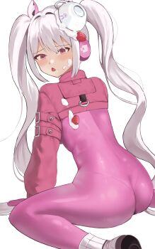 Rule 34 | 1girl, absurdres, alice (nikke), animal ear headphones, animal ears, ass, between legs, blush, bodysuit, breasts, commentary request, cup, embarrassed, fake animal ears, food, fruit, gloves, goddess of victory: nikke, hand between legs, headphones, headset, highres, impossible bodysuit, impossible clothes, latex, latex bodysuit, long hair, looking at viewer, looking back, medium breasts, open mouth, pink bodysuit, pink eyes, pink gloves, rakotis32566, shrug (clothing), sitting, skin tight, solo, strawberry, teacup, twintails, wariza, whipped cream, white hair