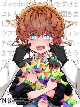 1girl :d black_shirt blue_eyes brown_hair commentary_request drooling fangs fate/grand_order fate_(series) hair_between_eyes hat highres long_hair long_sleeves looking_at_viewer mouth_drool navel open_mouth pov pov_hands shimogamo_(shimomo_12) shirt signature smile solo_focus striped_hat tears text_background tongue translation_request trembling twitter_username upper_body van_gogh_(fate) van_gogh_(first_ascension)_(fate) watermark yellow_hat