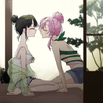 2girls aihara_(keitora) anyoji_hime anyoji_hime_(sleepover_at_ginko&#039;s) armpit_crease backless_shirt bare_shoulders barefoot black_hair blue_shorts breasts camisole cardigan cardigan_partially_removed closed_eyes closed_mouth commentary cropped_shirt from_inside full_body green_cardigan green_shirt hair_bun halter_shirt halterneck highres imminent_kiss link!_like!_love_live! loungewear love_live! medium_breasts midriff momose_ginko momose_ginko_(sleepover_at_ginko&#039;s) multiple_girls official_alternate_costume outdoors pink_hair pink_shirt profile purple_skirt see-through_cardigan see-through_clothes shirt short_hair short_hair_with_long_locks short_shorts shorts shoulder_blades sidelocks single_hair_bun sitting skirt striped_clothes striped_shirt two-tone_shirt veranda virtual_youtuber white_camisole yuri