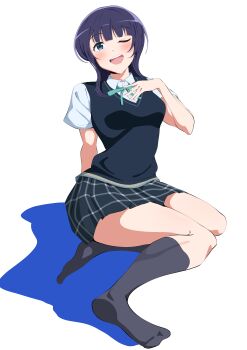 1girl ;d absurdres asaka_karin black_skirt black_socks black_sweater_vest blue_eyes blush collared_shirt colored_shadow commentary dress_shirt full_body green_ribbon highres looking_at_viewer love_live! love_live!_nijigasaki_high_school_idol_club medium_hair miniskirt neck_ribbon nijigasaki_school_uniform no_shoes one_eye_closed open_mouth plaid_clothes plaid_skirt pleated_skirt purple_hair ribbon school_uniform shadow shirt simple_background sitting skirt smile socks soles solo sweater_vest uchuu_no_mozuku white_background white_shirt wolf_cut yokozuwari
