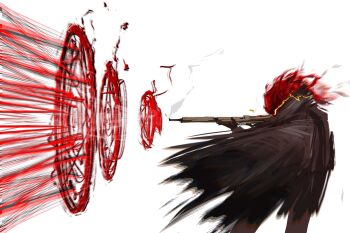 1other aiming black_cloak burning cloak der_freischuetz_(project_moon) feet_out_of_frame fiery_hair from_side gun hashtag-only_commentary highres holding holding_gun holding_weapon limbus_company lobotomy_corporation motion_blur popped_collar project_moon rifle sniper_rifle solo tomoart985 torn_clothes weapon