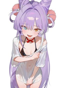 1girl absurdres ahoge bikini black_bikini blue_eyes blush breasts brown_eyes clothes_pull collarbone commentary_request cone_hair_bun cowboy_shot hair_bun hair_ornament hair_rings heterochromia highres long_hair lower_teeth_only multicolored_hair navel nbee_ya no_pants open_mouth pom_pom_(clothes) pom_pom_hair_ornament purple_hair see-through_clothes see-through_shirt shirt shirt_pull short_sleeves simple_background single_bare_shoulder small_breasts solo stellive streaked_hair sweatdrop swimsuit t-shirt tail teeth tenko_shibuki very_long_hair virtual_youtuber wet wet_clothes wet_shirt white_background white_hair white_shirt white_streaks