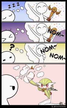 Rule 34 | ?, absurdres, artist name, blush, bob cut, colored skin, commentary, dream eater (pokemon), dreaming, dress, english commentary, gardevoir, gen 3 pokemon, green hair, green skin, highres, holding, holding trophy, multicolored skin, nintendo, poke ball symbol, pokemon, pokemon (creature), signature, sleeping, trophy, two-tone skin, white dress, white skin, winkyfaces, zzz