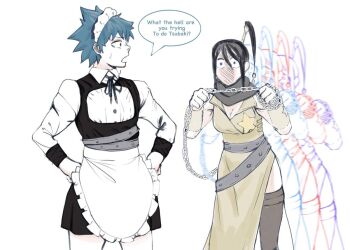 1boy 1girl alphamob200x apron black_hair black_star blue_eyes blue_hair blush chain commentary crossdressing english_commentary english_text femdom high_ponytail japanese_clothes leggings long_hair maid maid_apron maid_headdress nakatsukasa_tsubaki ninja no_mouth ponytail soul_eater