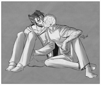 2boys animification bald closed_eyes commentary corin_m_howell deadpool deadpool_(series) english_commentary facial_hair full_body highres hood hood_down hugging_own_legs kiss long_sleeves male_focus marvel monochrome multiple_boys pants scar scars_all_over shirt short_hair short_sleeves sitting socks too_many wolverine_(x-men) x-men yaoi