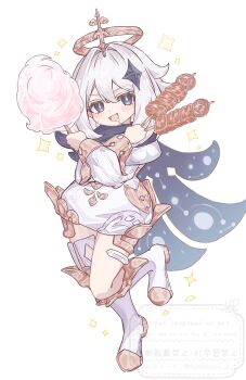 1girl absurdres black_scarf commentary_request cotton_candy crossed_arms crystal_hair_ornament diamond_hair_ornament drooling floating food fumicode2_3 genshin_impact hair_between_eyes hair_ornament halo highres holding holding_cotton_candy holding_food holding_skewer long_sleeves looking_at_viewer mechanical_halo mouth_drool open_mouth paimon_(genshin_impact) romper saliva scarf short_hair skewer smile sparkle white_hair white_romper