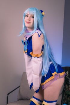 Rule 34 | 1girl, absurdres, aqua (konosuba), aqua (konosuba) (cosplay), bare shoulders, blue eyes, blue hair, boots, cosplay, female focus, high heel boots, high heels, highres, indoors, kono subarashii sekai ni shukufuku wo!, light smile, long hair, looking at viewer, photo (medium), skirt, solo, stelarhoshi, thighhighs, white thighhighs