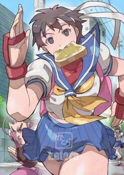 Rule 34 | 1boy, 2girls, ahoge, artist name, bag, black eyes, blue sailor collar, blue skirt, blue sky, bread, bread slice, brown gloves, brown hair, commentary, fingerless gloves, food, food in mouth, gloves, headband, hibiki dan, k katora, kasugano sakura, late for school, looking ahead, mma gloves, mouth hold, multiple girls, neckerchief, open mouth, outdoors, pink bag, pleated skirt, power lines, red gloves, running, sailor collar, school bag, school uniform, serafuku, short hair, skirt, sky, solo focus, standing, street fighter, toast, toast in mouth, town, watermark, white headband, yellow neckerchief