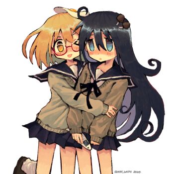 &gt;_o 2girls absurdres artist_name black_hair black_ribbon black_skirt blonde_hair blue_eyes blue_sailor_collar blush brown_sweater commentary dated egg_(food) english_commentary feet_out_of_frame food food_on_head foot_up fried_egg glasses hair_between_eyes highres hug long_hair long_sleeves looking_at_viewer medium_hair miniskirt multiple_girls mushroom mushroom_on_head neck_ribbon object_on_head one_eye_closed open_mouth pleated_skirt red-framed_eyewear ribbon sailor_collar school_uniform semi-rimless_eyewear shimeji_simulation simple_background skirt smile standing standing_on_one_leg sunny_sakana sweater tsukishima_shijima under-rim_eyewear very_long_hair white_background yamashita_majime
