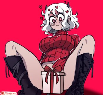1girl black_boots black_horns black_tail blush boots bottomless bow breasts bright_pupils closed_mouth commentary cowlick demon_girl demon_horns demon_tail double-parted_bangs downturned_eyes english_commentary feet_out_of_frame from_below frown hair_between_eyes hatching_(texture) heart heart-shaped_pupils helltaker horns implied_masturbation knee_boots knees_up lace-up_boots large_breasts long_sleeves looking_down modeus_(helltaker) navel no_socks osulan patreon_logo patreon_username puffy_long_sleeves puffy_sleeves raised_eyebrows red_background red_bow red_eyes red_sweater ribbed_sweater short_hair sidelocks simple_background sitting small_horns solo spread_legs sweater symbol-shaped_pupils tail tareme turtleneck turtleneck_sweater vanripper_(style) white_hair white_pupils