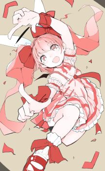 1girl absurdres animal_ears bobby_socks breasts commentary_request di_gi_charat dress fangs highres kinomoto_(nazonoinu) long_hair mary_janes open_mouth pink_eyes pink_hair pointing rabbit_ears shoes small_breasts smile socks solo twintails usada_hikaru