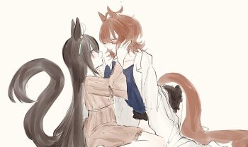 2girls agnes_tachyon_(umamusume) animal_ears black_hair black_skirt blue_shirt brown_hair coat commentary_request hand_on_another&#039;s_face horse_ears horse_girl horse_tail hydr051 lab_coat long_hair manhattan_cafe_(umamusume) medium_hair multiple_girls parted_lips red_eyes shirt simple_background skirt smile tail umamusume white_coat yellow_background yellow_eyes yuri