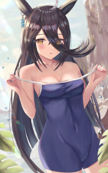 Rule 34 | 1girl, ahoge, animal ears, bare shoulders, beach, black hair, blue one-piece swimsuit, blush, breasts, cleavage, collarbone, commentary request, competition school swimsuit, covered navel, earrings, hair between eyes, highres, horse ears, horse girl, jewelry, long bangs, long hair, long hair between eyes, looking at viewer, manhattan cafe (umamusume), multicolored hair, no tail, one-piece swimsuit, outdoors, parted lips, school swimsuit, single earring, sky, small breasts, solo, swimsuit, swimsuit tug, thurumu, tracen swimsuit, umamusume, very long hair, white hair, yellow eyes