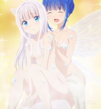 2girls absurdres anime_screenshot blue_eyes blue_hair blunt_bangs blush breasts closed_eyes collarbone completely_nude convenient_censoring genderswap genderswap_(mtf) hair_censor hair_over_breasts highres kenja_no_deshi_wo_nanoru_kenja long_hair looking_at_another mariana_(kenja) medium_breasts mira_(kendeshi) multiple_girls navel nude open_mouth sidelocks sitting small_breasts smile soap_bubbles soap_censor stitched stomach thighs third-party_edit towel towel_on_legs washing_back white_hair wings