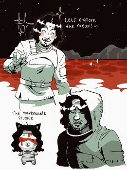 Rule 34 | 1boy, :3, absurdres, ambiguous red liquid, beard, black hair, blood, blush, character doll, chibi, chibi inset, closed eyes, doll, english text, facial hair, frejs-froggy-artblog, headband, highres, iron lung (movie), looking to the side, male focus, parted lips, pool of blood, simon (iron lung), sparkle, sweat, tunic, upper body, v, wavy hair