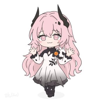 Rule 34 | 1girl, arknights, black dress, black horns, blush stickers, chibi, chibi only, closed mouth, commentary, commission, dress, english commentary, full body, hands up, horns, ji wan 2, light smile, long hair, long sleeves, no nose, pink eyes, pink hair, simple background, solo, standing, textless version, theresa (arknights), very long hair, white background, white dress
