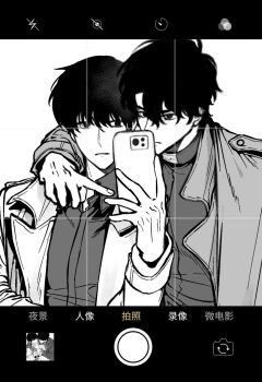 2boys arm_around_neck black_coat black_eyes black_hair black_shirt chinese_text coat double-parted_bangs fake_phone_screenshot fake_photograph fake_screenshot greyscale hair_between_eyes highres holding holding_phone kim_dokja looking_at_viewer male_focus monochrome multiple_boys omniscient_reader&#039;s_viewpoint open_clothes open_coat phone pointing popped_collar shirt short_hair stella_37 taking_picture upper_body white_coat yoo_joonghyuk