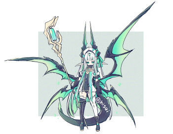 Rule 34 | 1girl, asymmetrical legwear, black boots, black dress, black leotard, boots, closed mouth, commentary request, dragon girl, dragon horns, dragon tail, dress, expressionless, flat chest, full body, green eyes, hisui (syarute), holding, holding staff, horns, large horns, leotard, original, oversized wings, pointy ears, solo, staff, tail, thigh boots, thighhighs, two-tone dress, white dress, white hair, white headdress, white thighhighs, wings