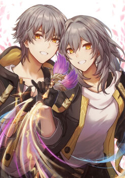 1boy 1girl artist_name black_coat black_gloves black_skirt caelus_(honkai:_star_rail) coat collarbone commentary_request cowboy_shot dual_persona feathers gloves grey_hair hair_between_eyes highres holding honkai:_star_rail honkai_(series) hood hooded_coat long_hair long_sleeves looking_at_viewer open_clothes open_coat petals rune_(rne_at) shirt short_hair sidelocks simple_background skirt smile sparkle standing stelle_(honkai:_star_rail) t-shirt teeth trailblazer_(honkai:_star_rail) two-sided_coat two-sided_fabric white_background white_shirt yellow_coat yellow_eyes