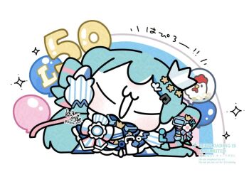 1girl :3 adversarial_noise akita_aaa aqua_hair balloon bird blush chibi chibi_only chicken commentary_request crown detached_sleeves hair_ornament hatsune_miku kara-age_kun lawson mini_crown multicolored_hair open_mouth pink_hair solo sparkle star_(symbol) star_hair_ornament streaked_hair striped_sleeves translation_request twintails vocaloid watermark white_sleeves