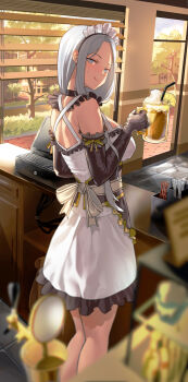 1girl :q absurdres alcohol back bare_shoulders beer beer_mug black_choker black_gloves blue_eyes blurry blush breasts choker counter cup day depth_of_field diner dress elbow_gloves female_focus frilled_dress frills gloves grey_hair highres indoors large_breasts lee0110 long_hair looking_at_viewer looking_back maid miracle_snack_shop mug no_pupils nose_blush philia_salis restaurant sash short_dress solo sweatdrop tongue tongue_out white_dress window