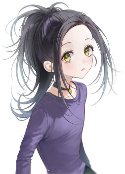 Rule 34 | 1girl, absurdres, black hair, collarbone, commentary, eyelashes, felicia8, highres, jewelry, kamisaki hikaru, long hair, long sleeves, looking at viewer, medalist (manga), necklace, parted lips, purple shirt, shirt, simple background, solo, standing, untranslatable commentary, upper body, white background, yellow eyes