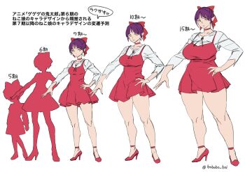 1girl alternate_breast_size_(larger) artist_progress bobobo breasts chart comparison curvy dress full_body gegege_no_kitarou hair_ribbon hand_on_own_hip high_heels highres huge_breasts large_breasts looking_at_viewer medium_breasts nekomusume pointy_ears purple_hair ribbon speech_bubble standing thick_thighs thighs wide_hips yellow_eyes