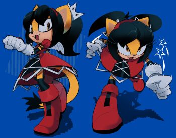 Rule 34 | 1girl, absurdres, animal ears, ben sadfleck, black hair, blue background, boots, cat ears, cat tail, dress, fang, full body, gloves, highres, honey the cat, open mouth, paw pose, punching, red boots, red dress, simple background, smile, sonic (series), sonic the fighters, sonic the hedgehog (classic), tail, twintails, white gloves, wings, yellow eyes