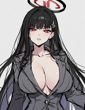 1girl black_hair blue_archive breasts large_breasts long_hair looking_at_viewer red_eyes rio_(blue_archive) simple_background solo white_background
