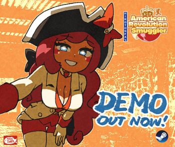 Rule 34 | 1girl, american revolution, american revolution smuggler, artist logo, ben-day dots, blue eyes, blush, bow, breasts, choker, cleavage, commentary, copyright logo, copyright name, cowboy shot, english commentary, english text, faux traditional media, gloves, grin, hand on own thigh, hat, hat bow, heart, heart choker, hirotonfa, jacket, large breasts, leaning forward, leggings, logo, long hair, looking at viewer, louisiana, louisiana (american revolution smuggler), official art, orange background, personification, pov adoring, promotional art, red hair, red shorts, screentones, seductive smile, shorts, sleeve cuffs, smile, solo, steam logo, very long hair, white gloves, white jacket, white leggings