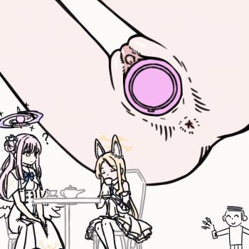 1boy 2girls ? animal_ear_fluff animal_ears animated animated_gif anus ass blonde_hair blue_archive chair clitoris closed_eyes closed_mouth controller cup detached_sleeves dildo doodle_sensei_(blue_archive) dress drifter drifter_(jrft3475) fox_ears hair_bun halo holding holding_cup long_hair looking_at_another mika_(blue_archive) multiple_girls object_insertion pantyhose pink_hair pink_halo pussy remote_control remote_control_vibrator revision seia_(blue_archive) sensei_(blue_archive) sex_toy single_side_bun sitting sleeves_past_fingers sleeves_past_wrists table uncensored vaginal vaginal_object_insertion vibrator white_dress white_pantyhose yellow_halo
