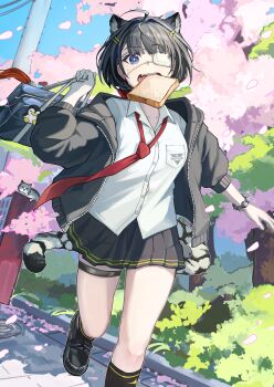 1girl absurdres animal animal_ears arknights arknights:_endfield bag black_hair black_jacket black_skirt blue_eyes bread bread_slice cat cherry_blossoms collared_shirt commentary_request extra_ears eyepatch food food_in_mouth grey_cat highres jacket late_for_school long_sleeves loose_necktie mouth_hold necktie one_eye_covered open_clothes open_jacket open_mouth petals pink_petals pleated_skirt red_necktie regit_etihw running school_bag school_uniform shirt shoes short_hair skirt socks solo tail tangtang_(arknights) thigh_strap tiger_ears tiger_girl toast toast_in_mouth tree white_shirt