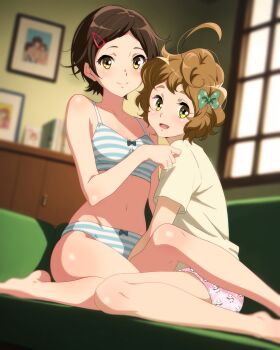 Rule 34 | 2girls, ahoge, animal print, barefoot, bear print, blue bra, blue panties, blurry, blurry background, blush, bow, bow bra, bow panties, bra, breasts, brown hair, hair ornament, hair ribbon, hairclip, hibike! euphonium, highres, katou hazuki, kawashima sapphire, matching underwear, medium hair, multiple girls, navel, open mouth, panda panties, panda print, panties, pink panties, print panties, ribbon, sbel02, shirt, sitting, small breasts, smile, striped bra, striped clothes, striped panties, underwear, wariza, yellow eyes, yellow shirt, yuri