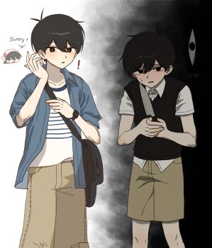 ! 1girl 2boys :d :o ^_^ antenna_hair bag baggy_pants bare_arms black_background black_bag black_eyes black_hair black_sweater_vest blue_jacket blue_shirt bright_pupils brother_and_sister brown_pants brown_shorts character_bag character_charm charm_(object) closed_eyes collarbone collared_jacket collared_shirt commentary_request denim denim_jacket double-parted_bangs dual_persona empty_eyes feet_out_of_frame fingernails hair_behind_ear hair_between_eyes hands_up headscarf highres holding holding_bag holding_knife iomor_snuuy jacket kitchen_knife knife korean_commentary looking_at_viewer male_focus mari_(birthday)_(omori) mari_(faraway)_(omori) mari_(omori) multiple_boys no_pupils official_alternate_costume omori open_clothes open_jacket open_mouth pants shirt short-sleeved_jacket short_hair short_sleeves shorts shoulder_bag siblings simple_background smile something_(omori) speech_bubble standing striped_clothes striped_shirt sunny_(birthday)_(omori) sunny_(omori) sweatdrop sweater_vest two-tone_shirt very_short_hair watch white_background white_hair white_headscarf white_pupils white_shirt wristwatch