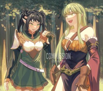 2girls armor armored_dress babykatafan bare_shoulders belt black_hair breastplate brown_gloves commentary commission cosplay costume_switch crossover detached_sleeves dress elf english_commentary fire_emblem fire_emblem:_mystery_of_the_emblem gloves green_dress green_eyes highres multiple_girls nintendo open_mouth palla_(fire_emblem) palla_(fire_emblem)_(cosplay) pauldrons pelvic_curtain pointy_ears ridiel_(unicorn_overlord) ridiel_(unicorn_overlord)_(cosplay) short_hair shoulder_armor sleeves_past_wrists smile teeth twintails twitter_username unicorn_overlord upper_teeth_only white_belt