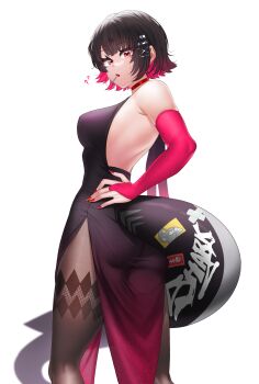 1girl ? ?? alternate_costume armpit_crease ass backless_dress backless_outfit black_dress black_hair black_pantyhose breasts bridal_gauntlets candy choker colored_inner_hair cowboy_shot dress ellen_joe fins fish_tail food food_in_mouth from_behind gradient_clothes gradient_dress hand_on_own_hip highres large_breasts lollipop looking_at_viewer looking_back luunamito multicolored_hair nail_polish pantyhose pelvic_curtain pink_bridal_gauntlets pink_hair pink_nails red_choker shark_girl shark_tail short_hair simple_background solo tail white_background zenless_zone_zero